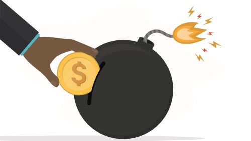 Investor or businessman hand insert dollar coin in giant bomb with burning fuse. Risk and money management. Financial and economic crisis concept. flat vector illustration