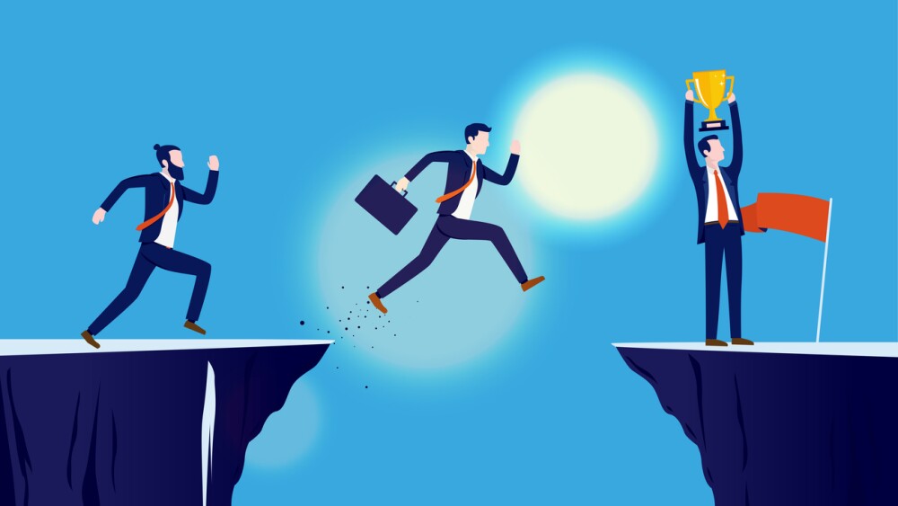 Man jumping, running, and winner holding trophy. Competition, challenge, risk and reward concept. Vector illustration.