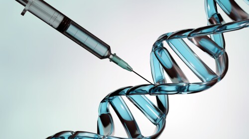 Concept art of a gene therapy showing a syringe injecting into a 3D DNA helix