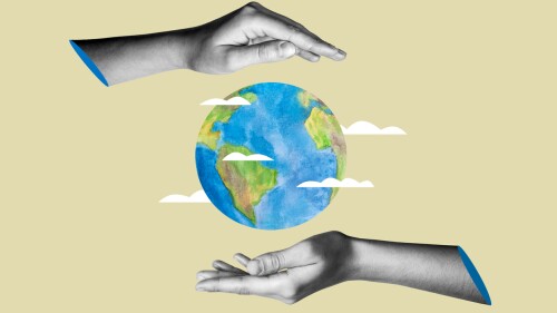 The concept of environmental protection. Earth in hands on a beige background. Earth Day. Collage