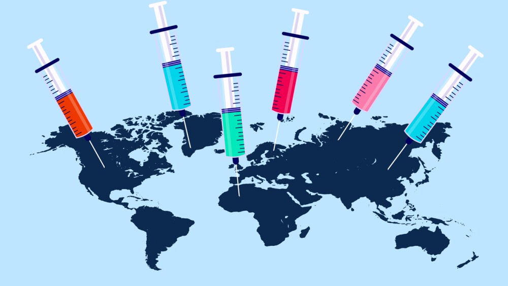 Map with different syringes. Covid 19 and pandemic vaccination concept. Vector illustration