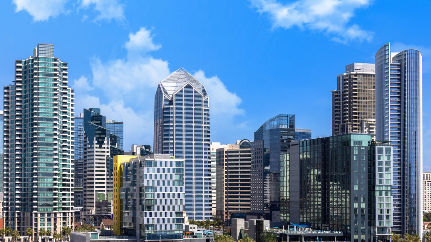 USA, Scenic San Diego downtown financial district city skyline and skyscrapers.