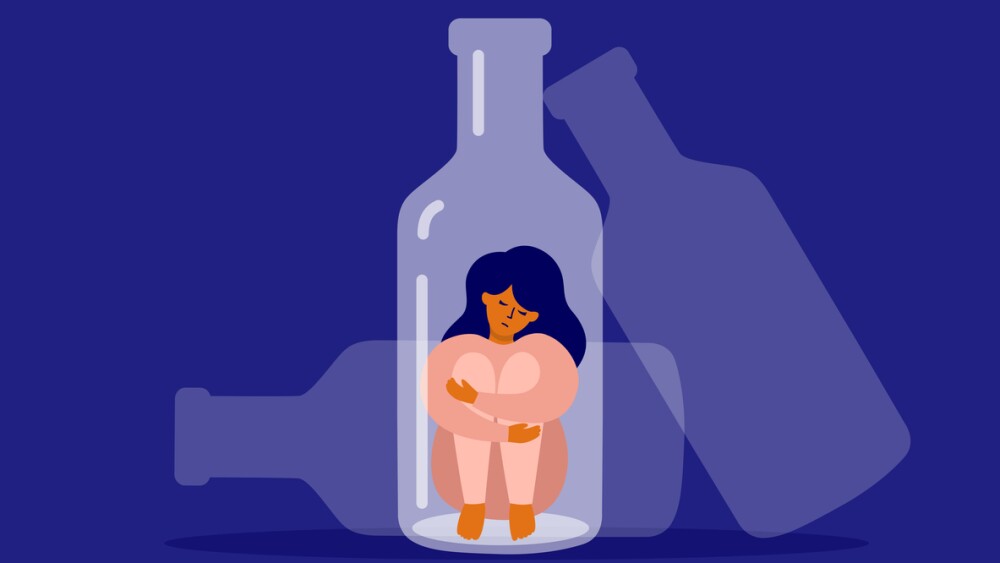 Female alcoholism concept. Unhappy woman sitting at bottle bottom hugging her knees. Sad drunk wife or alcoholic mother. Social issue, abuse, addiction. Empty alcohol drink bottles vector Illustration