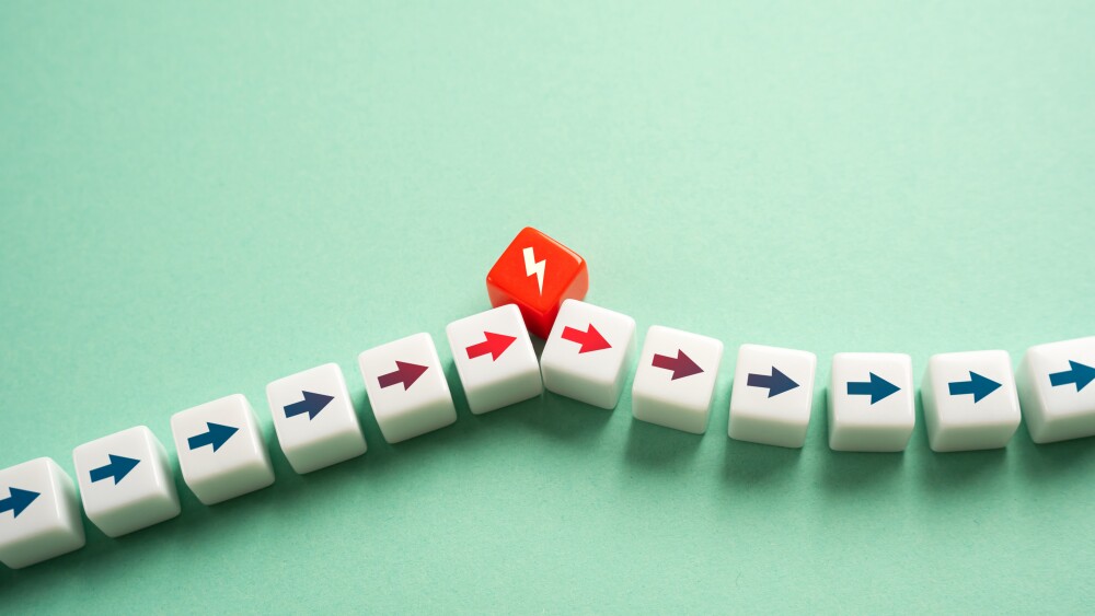 The factor that changes everything. A critical break. A sudden change in plans. A threat and a danger. Recover from the blow and get back on course. Severe stress. Withstand the blow.