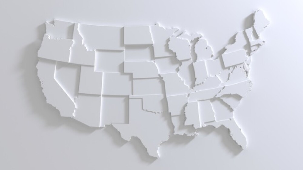 Pictured: White 3D US map on white background/iSto