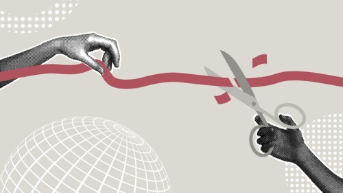 Modern halftone collage. Concept of starting a new business, opening ceremony, launching a new product. Halftone hand cutting red ribbon with scissors symbolizing opening or starting a new. Modern business collage for design. Vector illustration
