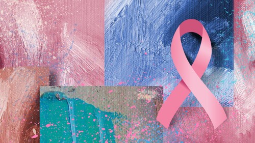 Graphic illustration with geometric shapes and textured brush strokes of iconic Cancer awareness and prevention ribbon. Art to be used for Cancer related themes such as support, encouragement, treatment and pre-screening.