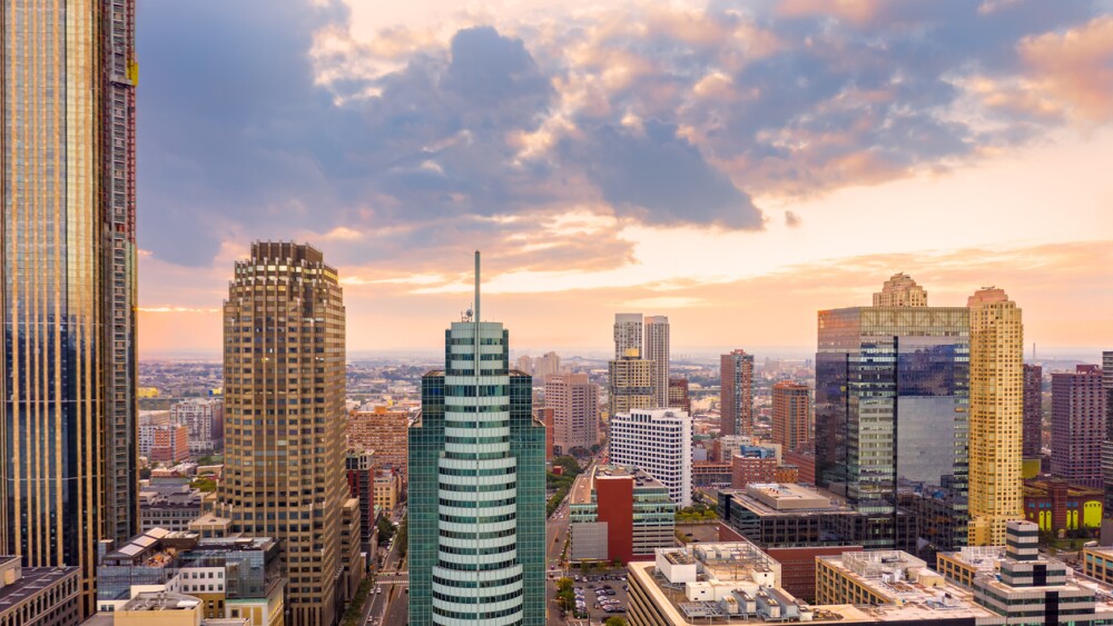 Aerial view of Jersey City skyline at sunset