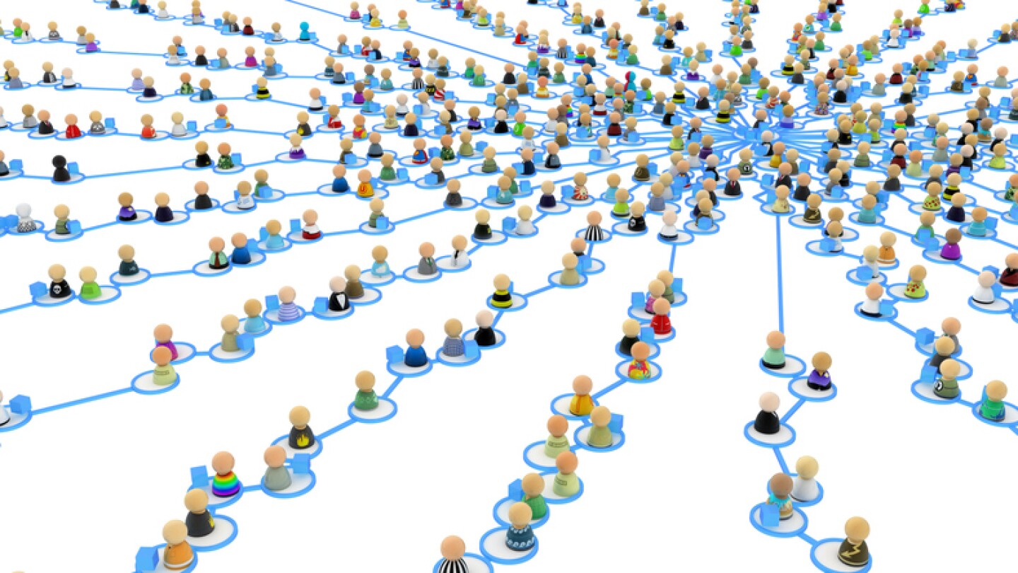 Crowd of small symbolic 3d figures linked by lines
