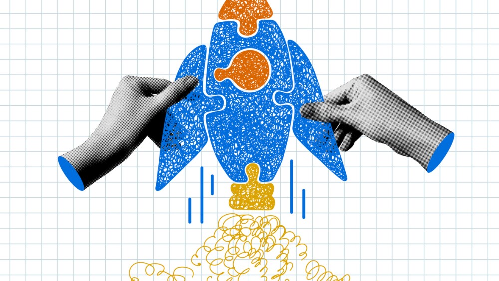 Building a rocket. Halftone hands assemble a rocket shaped puzzle. Concept of a startup, new business. Hasty rocket launch. Innovation, teamwork, development of ideas and technologies