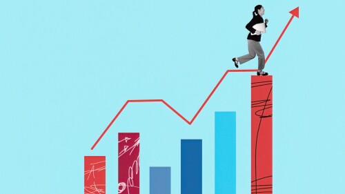 Contemporary art collage. employee mowing forward to success, stepping ladder of professional growth. Concept of business.