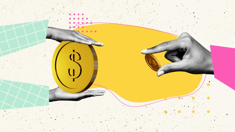 Photo collage of hands holding large and small coins