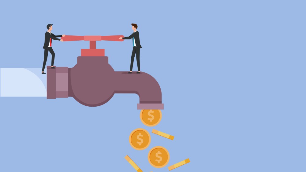 Money coins flow from tap. Cash flow with tiny businessmen open the tap symbol illustration