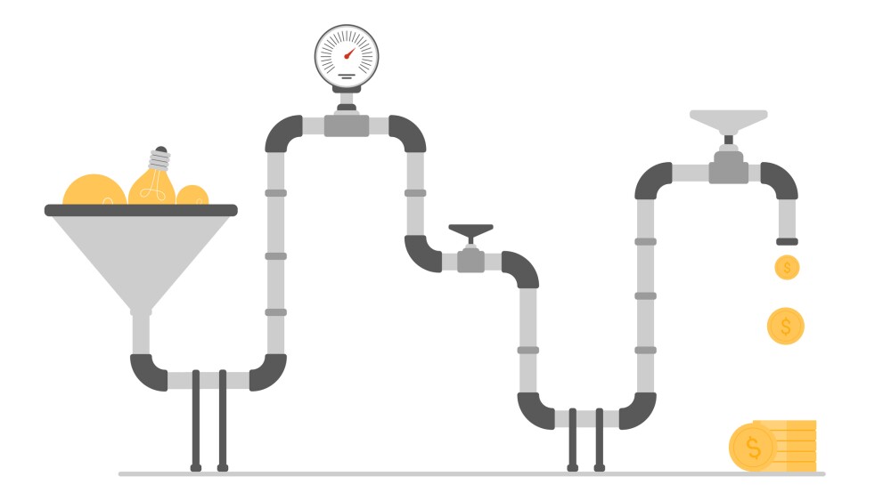Conversion creative ideas into money with innovation machine, startup opportunity to earn money by motenization. Light bulbs in funnel converts to coins flowing through tap cartoon vector illustration