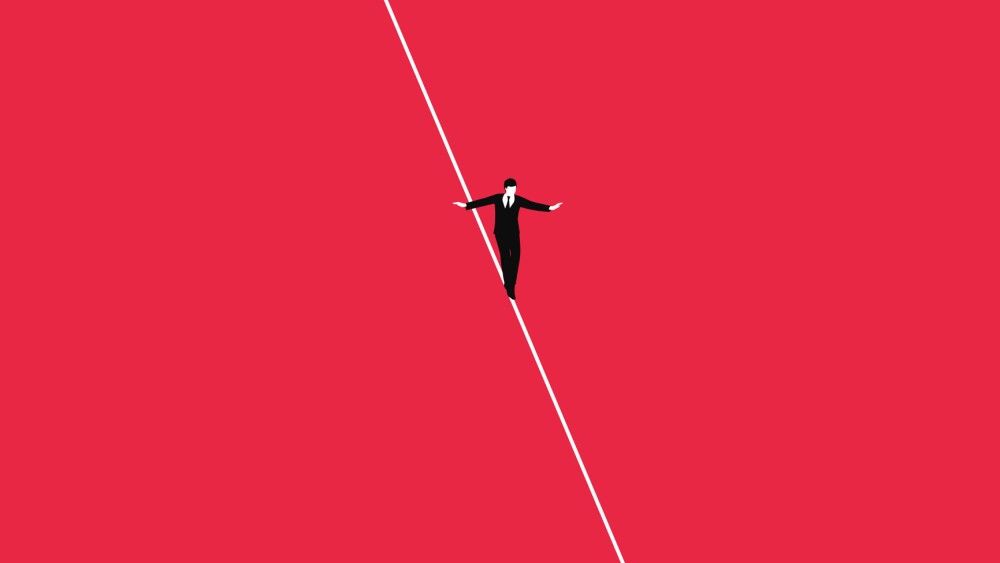 Isometric businessman tightrope walker is on the rope. Teetering on the cable. Business challenge and risk concept. Simple minimal design. Trendy style graphic. Flat vector illustration.