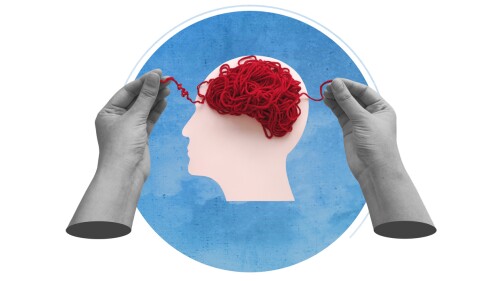 Mental health and problems with memory. Hands unraveling tangled red threads on head silhouette representing brain. Modern art collage.