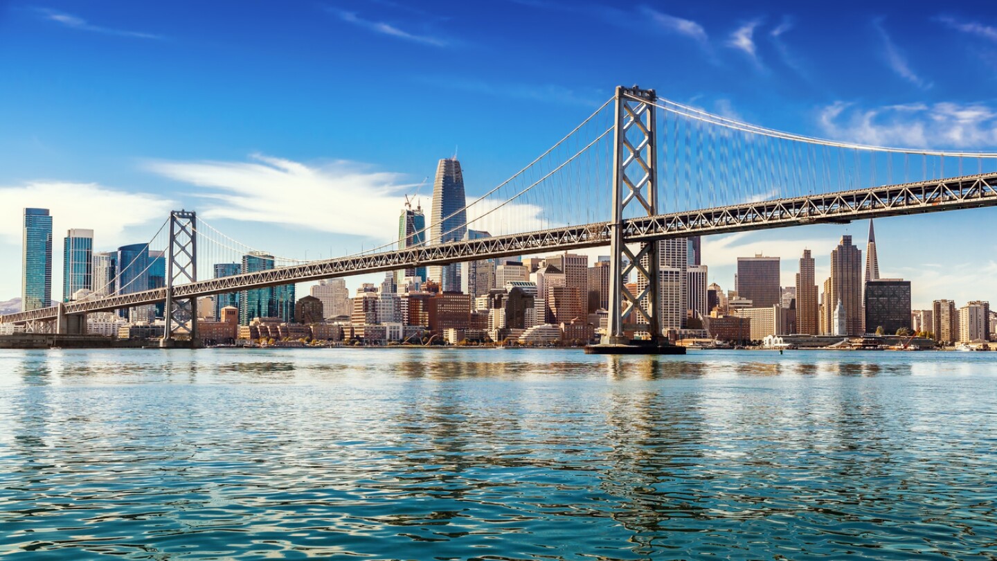 Downtown San Francisco and Oakland Bay Bridge on sunny day