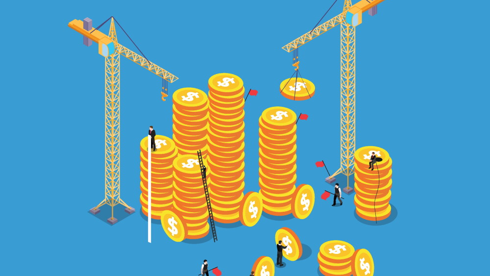 Two construction cranes are lifting coins onto the stack, while workers on the ground are also adding coins 3d isometric vector illustration