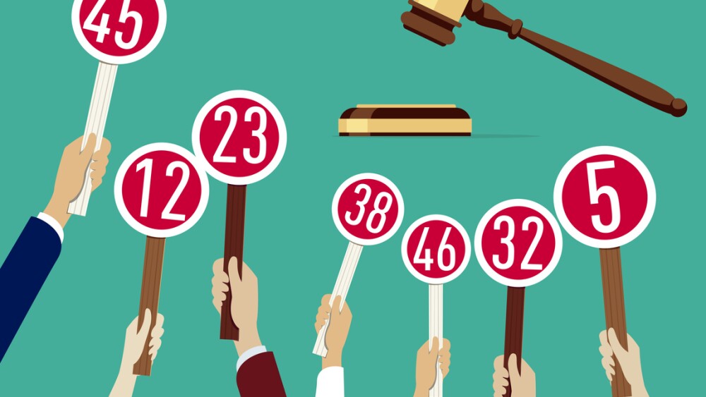 Auction concept: Hands holding paddle with numbers