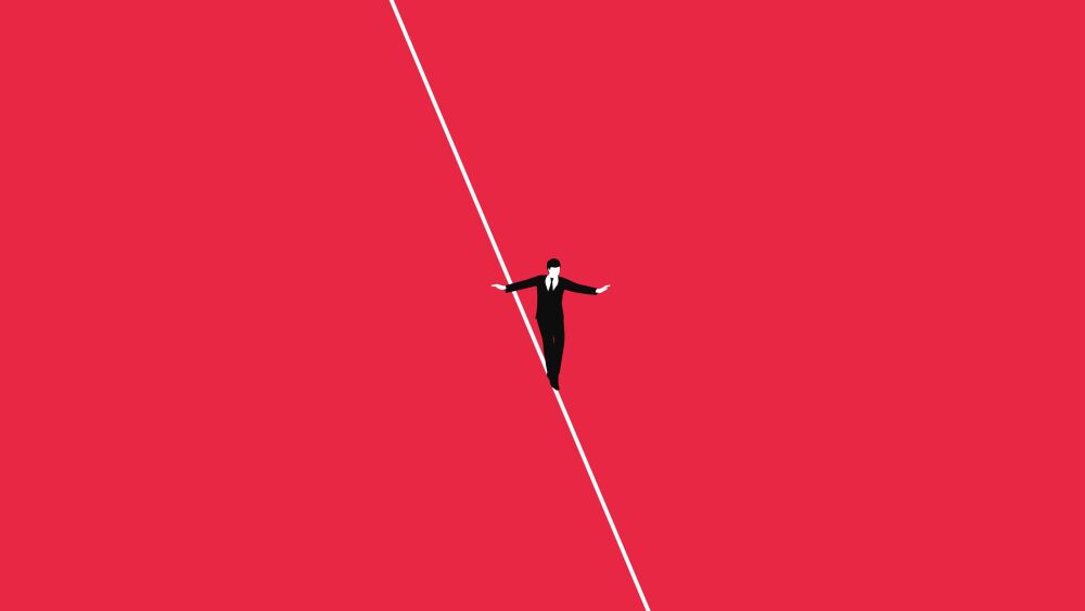 Isometric businessman tightrope walker is on the rope. Teetering on the cable. Business challenge and risk concept. Simple minimal design. Trendy style graphic. Flat vector illustration.