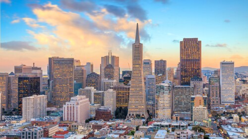 Photo of business center in downtown San Francisco at sunset