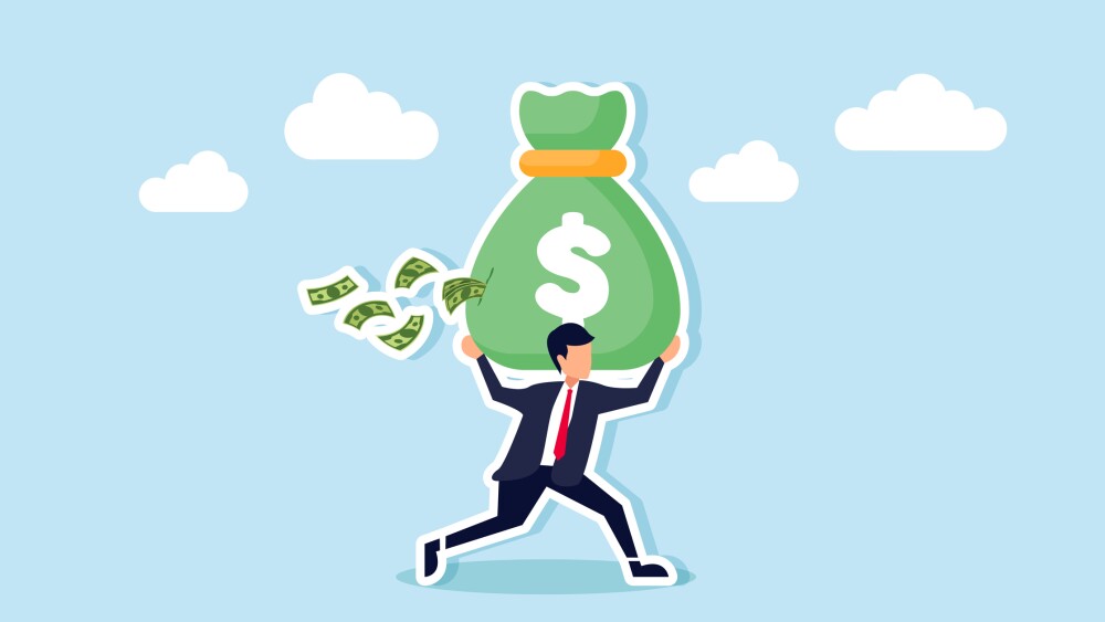 Investment mistakes, taxes, expenses, and unknown costs drain money, concept of Businessman carries a money bag with a big hole, banknotes falling out