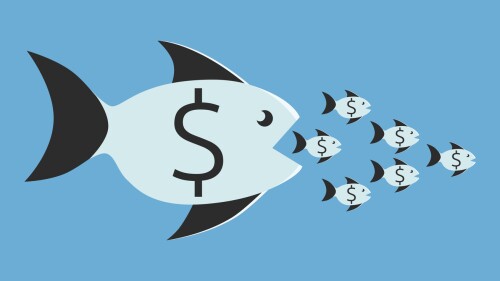 Big fish with dollar sign eating many small ones. Competition, merger, business, monopoly concept. EPS 8 vector illustration, no transparency