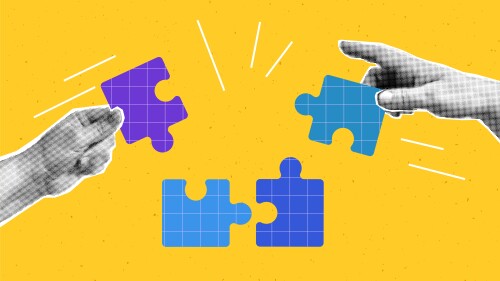 Collage with halftone hands putting puzzle together. Teamwork concept vector pop art retro style illustration. Partnership and relationship design element for infographic, poster, website