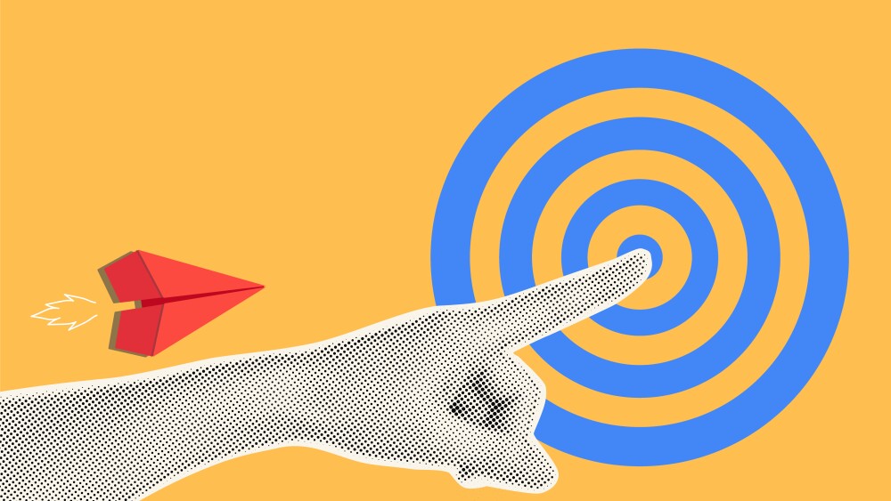 Goal concept. Human hand in dotted pop art style pointing on the target for red paper plane. Vector illustration
