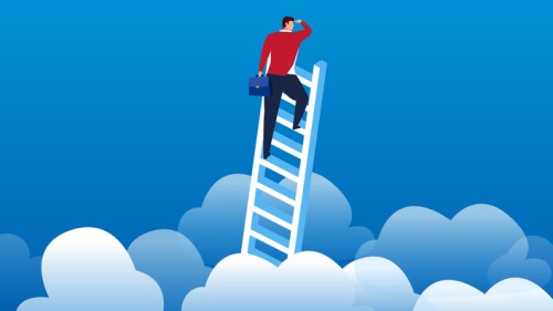 Businessman climbed the clouds to see the distance