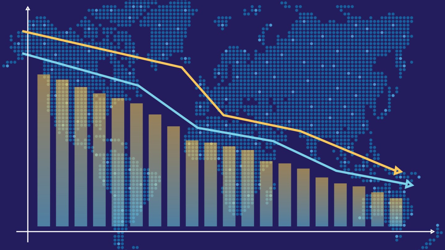 Illustration of chart showing decrease against background of map