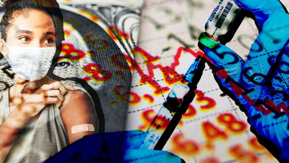 Pictured: COVID-19 collage with earnings, vaccine,
