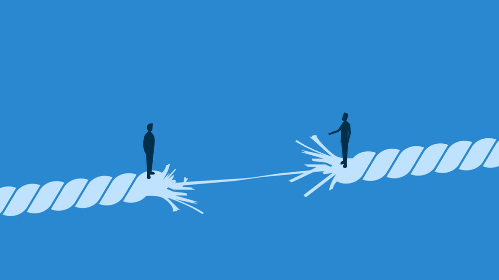 Final Trust, Two Businessmen Negotiating on a Rope That's About to Break