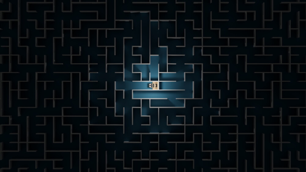 Office worker trapped in a maze. Workaholic, social isolation concept. Digital 3D rendering.