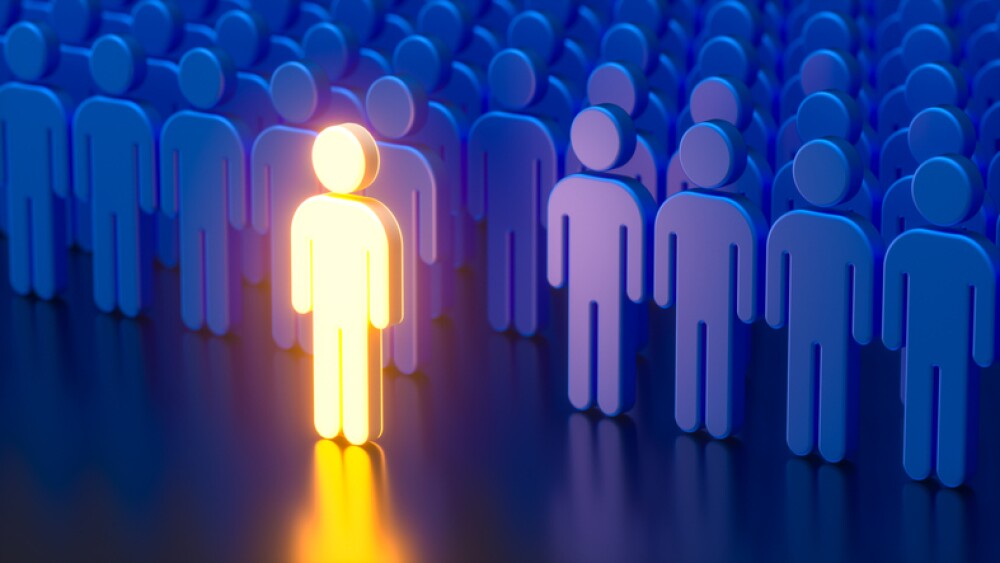 This 3D render features human icons arranged side by side and in a line. Among them, one icon at the front shines brightly, symbolizing leadership and innovation. The visual presents a powerful metaphor for leadership, innovation, and making a difference, making it ideal for themes related to leadership and inspiration in the business world.