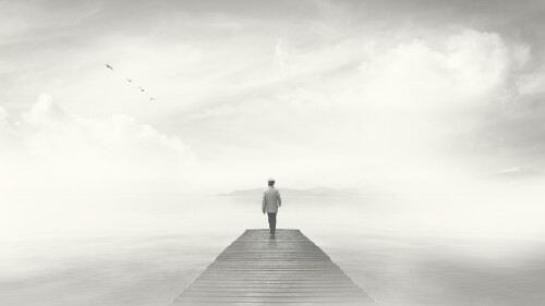 Man walking on a boardwalk in the fog