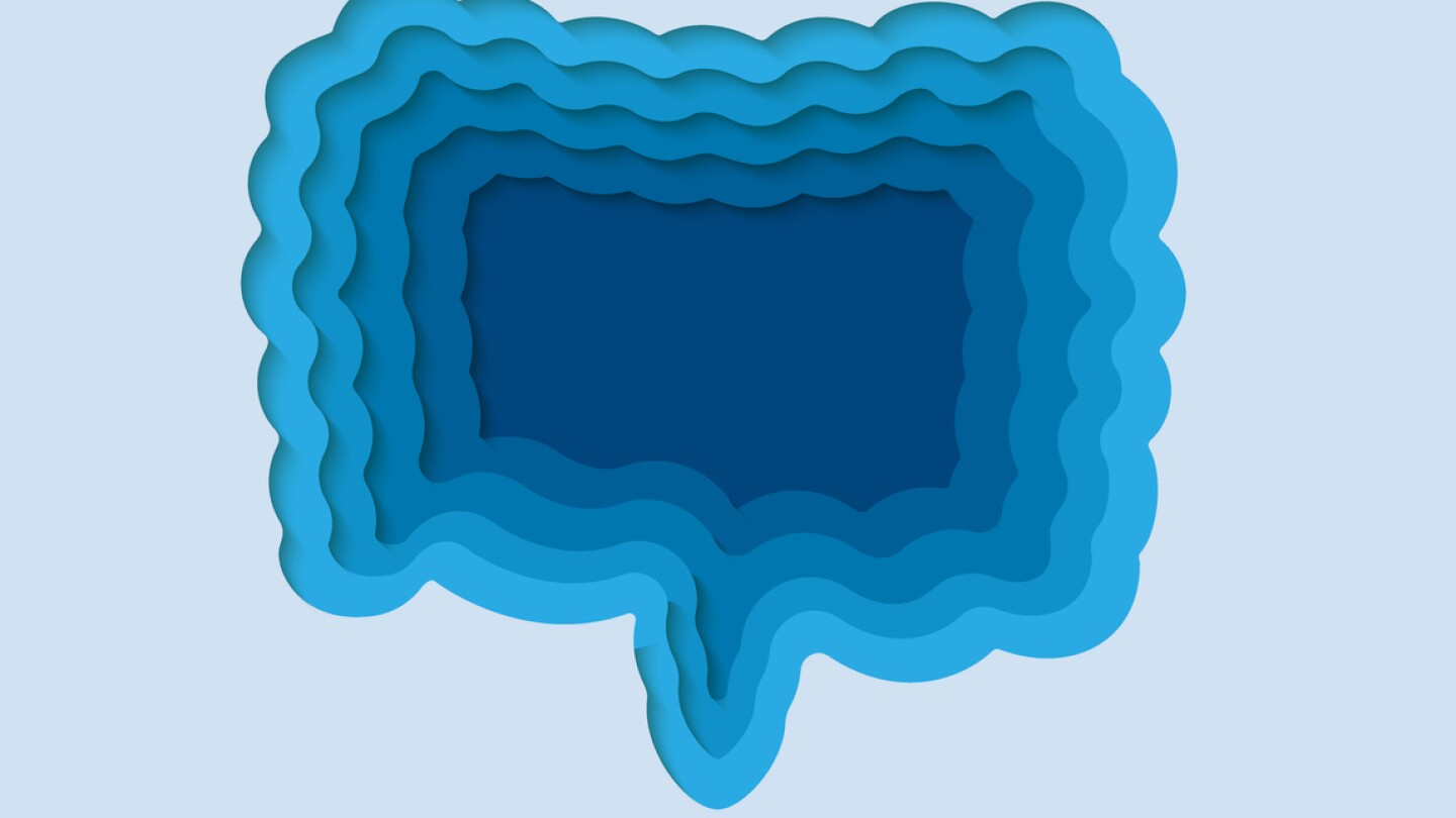 Intestine 3d symbol in paper cut style. Small and large intestine, digestive tract design. Organ anatomy craft illustration. Cut out of paper banner.