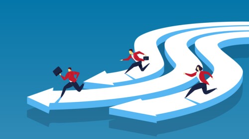 illustration of people racing along arrows