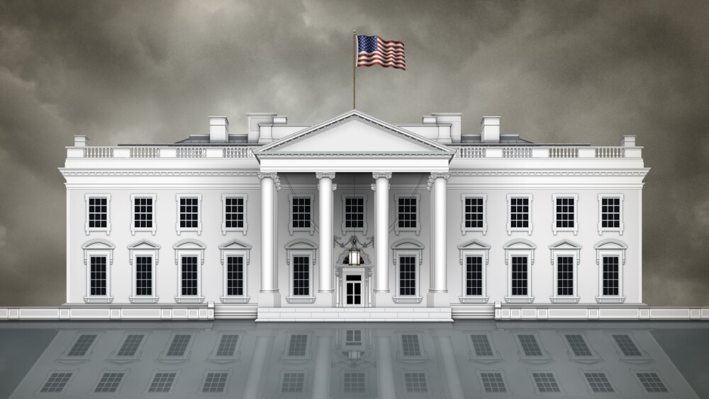North view of the White House, with waving flag and cloudy sky, on a reflective surface that could be glass or water. 3D Illustration