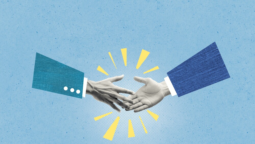 Creative collage illustration of financial business. Two businessmen shaking hands for partners agreement. Conceptual illustration of success deal, corporate ethic, connection.