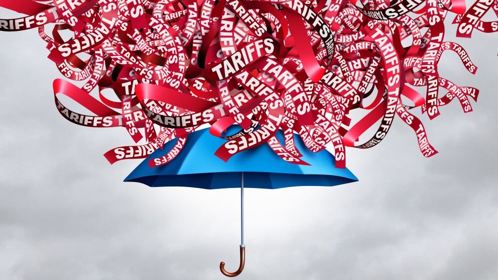 Protection From Tariffs as an An umbrella that shields against import and export tariff taxes as a trade war storm increasing prices and straining supply chains as a business metaphor and a symbol for resilience in times of crisis and economic downturn.