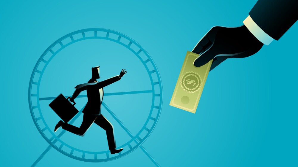Illustration of businessman running on hamster wheel reaching for money held by giant hand