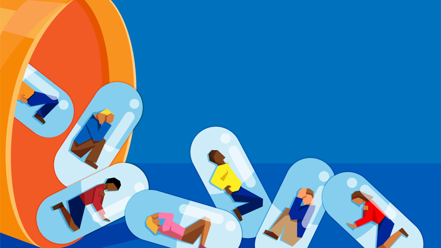 Photo: BioSpace vector illustration of multiracial adults encapsulated and being dropped from a large pill bottle. concept for prescription