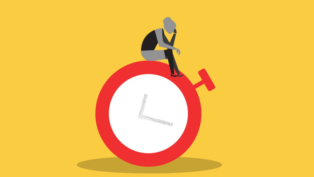 Illustration of businesswoman sitting on giant stopwatch looking stressed, representing time management, deadlines and work pressure