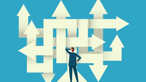 Businessman on a crossroad. Man choosing career. Searching of right path. Decision and brainstorming concept. Flat vector illustration.