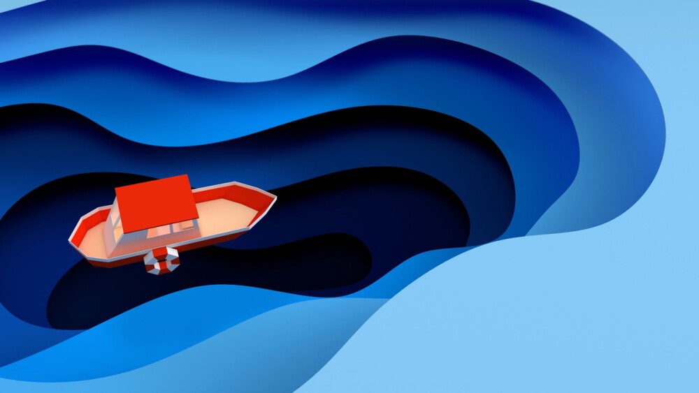 Paper red boat sailing in the ocean or sea, travel concept. Blue sea waves layers. Modern paper art style 3d render
