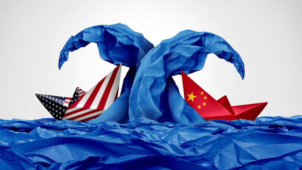China USA Trade War Risk and Beijing Washington Crisis as Chinese and American retaliatory tariffs as a Financial risk and investment danger as stock market turbulence as a paper boat representing global exports and imports challenges.