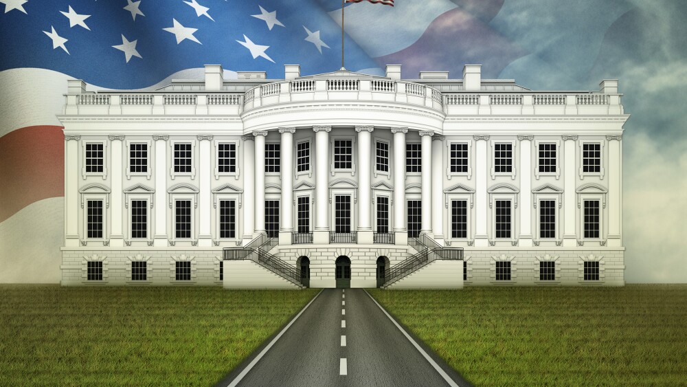 Digital illustration of the White House, a road leading to it, and a stars and stripes pattern in the sky.