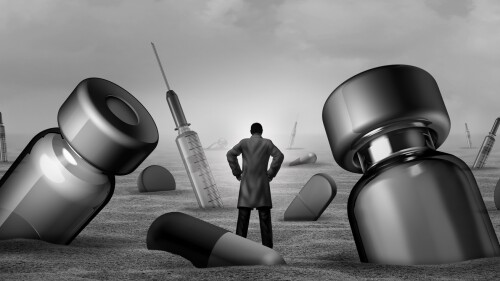 Medical doctor challenge concept and medicine challenges idea as a physician or pharmacist standing in a desert with medication symbols as a healthcare symbol with 3D illustration elements.