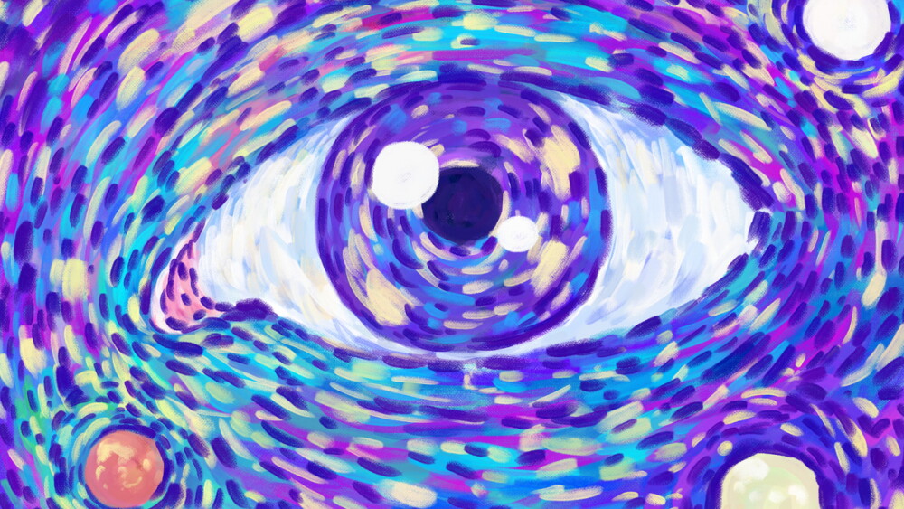 Bright colorful eye pattern. Hand drawn illustration by brush strokes. For meditation, contemplation. Yoga, reiki, spiritual practices.